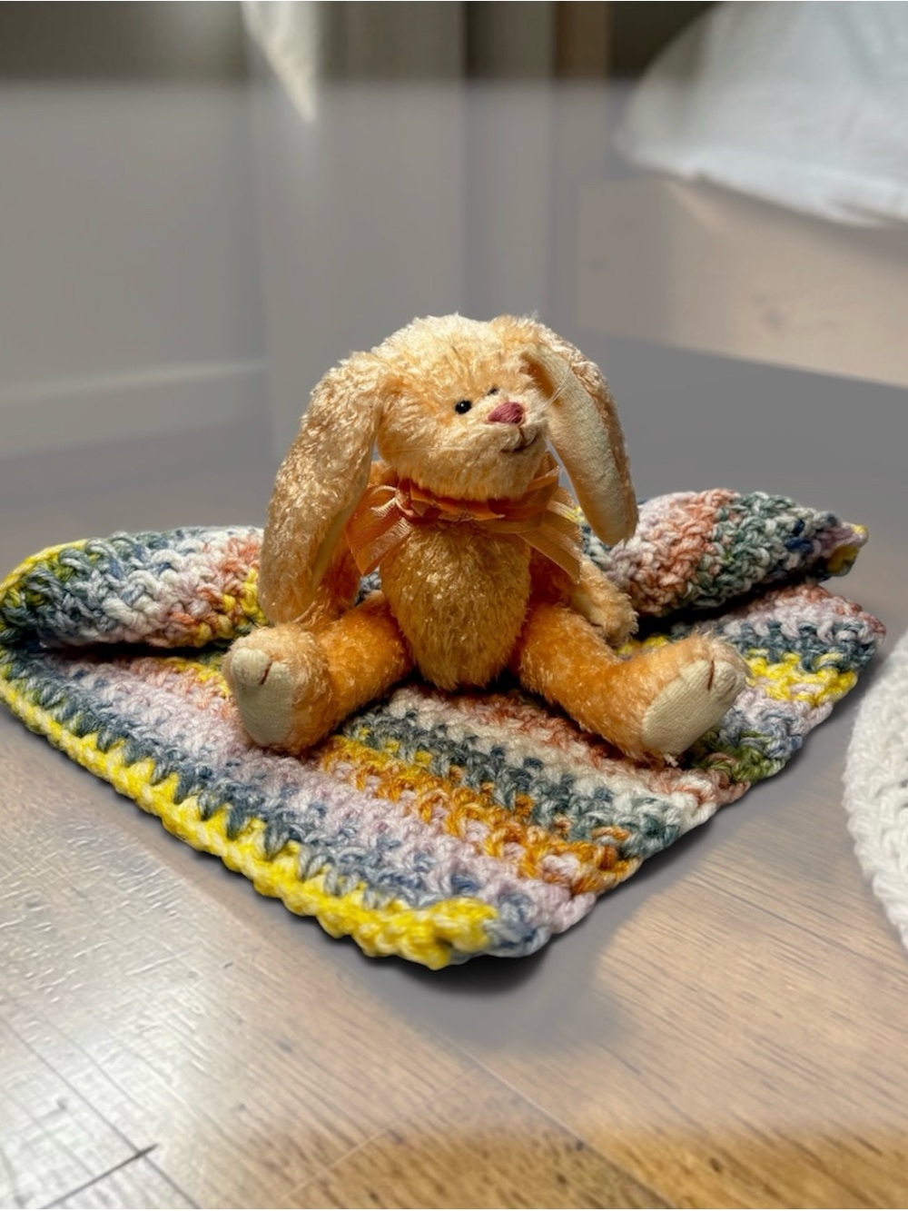 Baby Lovey Small Security Blanket Peach Blue Crochet Bunny Rabbit Shower Gift